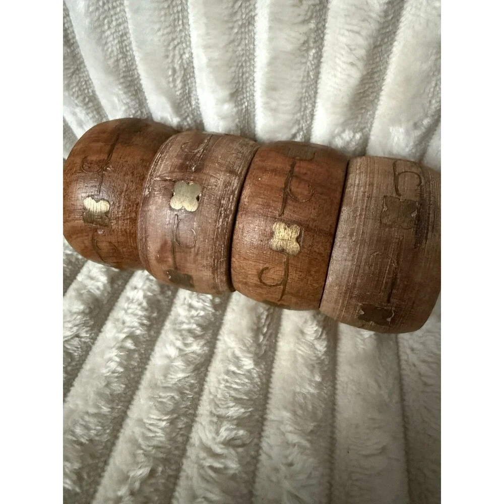Vintage 1960s India Wood Napkin Rings Brass Clover Inlay Set of 4 Hand Carved